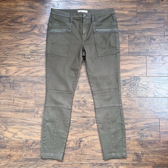 Joie • Hazina Studded Skinny Jeans pants ankle crop zipper Fatigue army green - Picture 4 of 13
